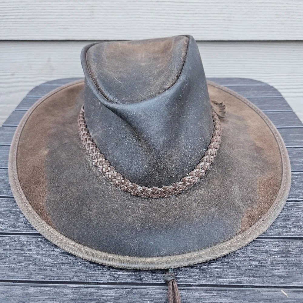 Zephyr Outback Western Rancher Hat Smooth Brown Leather w/ Chin Strap Vintage M